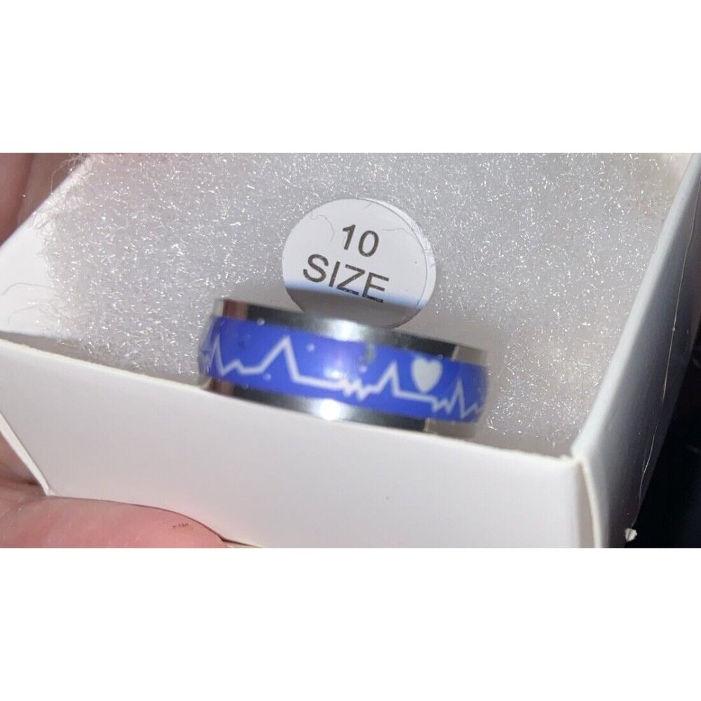 Stainless Steel & Enamel Ring Heart & EKG On Blue Background 20mm-Boxed-Size 10